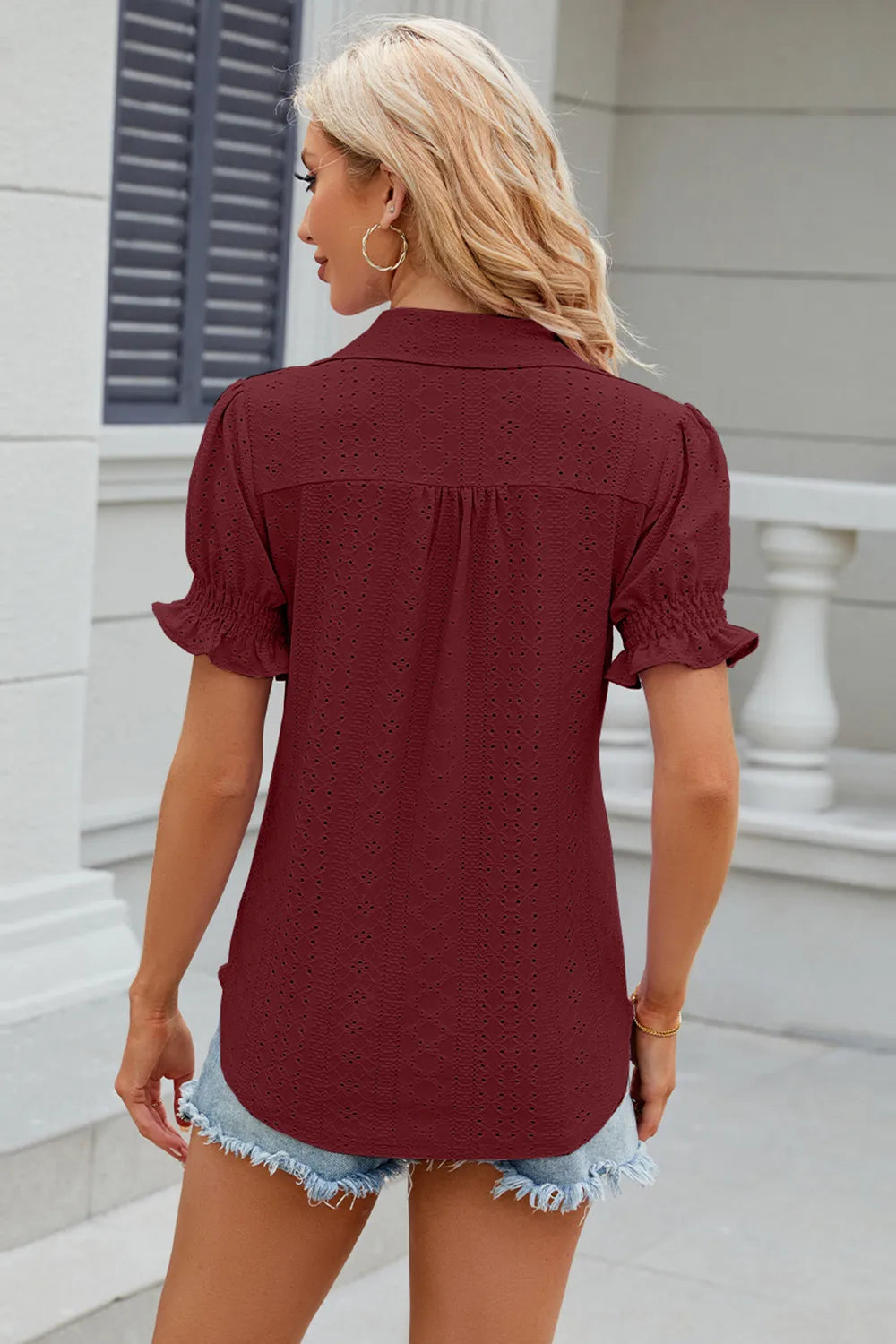 Eyelet Johnny Collar Short Sleeve Blouse (24)
