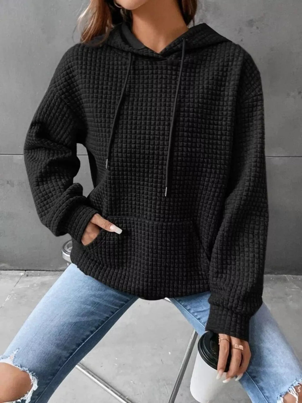 Waffle Knit Hoodie Drawstring Details (9)