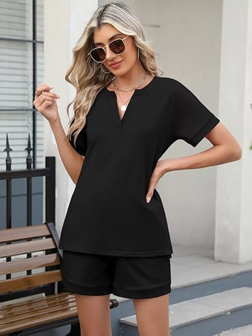 Solid Color Short Sleeve Top Shorts Two-piece Set (10)