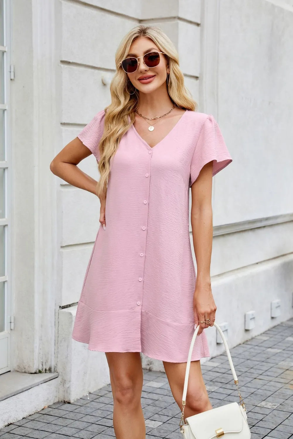 Tied Button Up Short Sleeve Mini Shirt Dress (11)