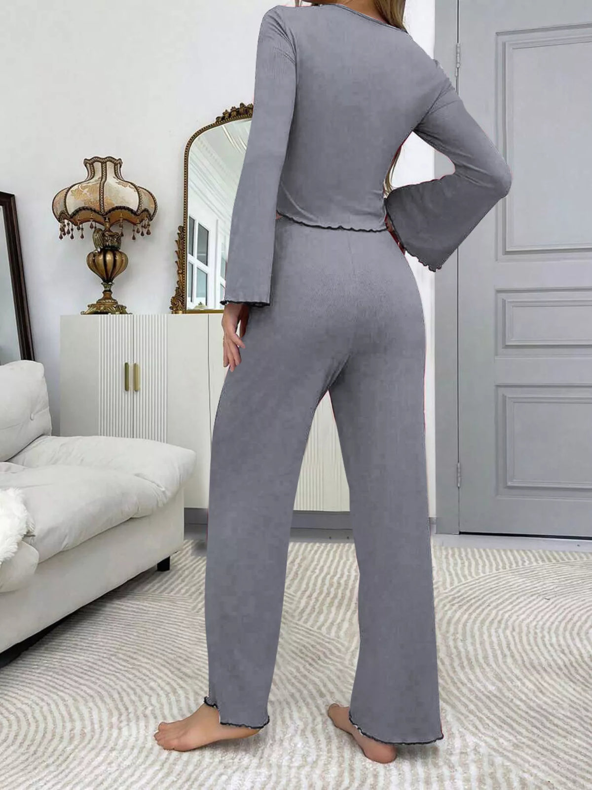 Lace Detail Flare Sleeves Top Pants Lounge Set (10)