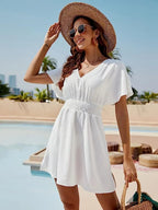 Smocked V-neck Short Sleeve Dress