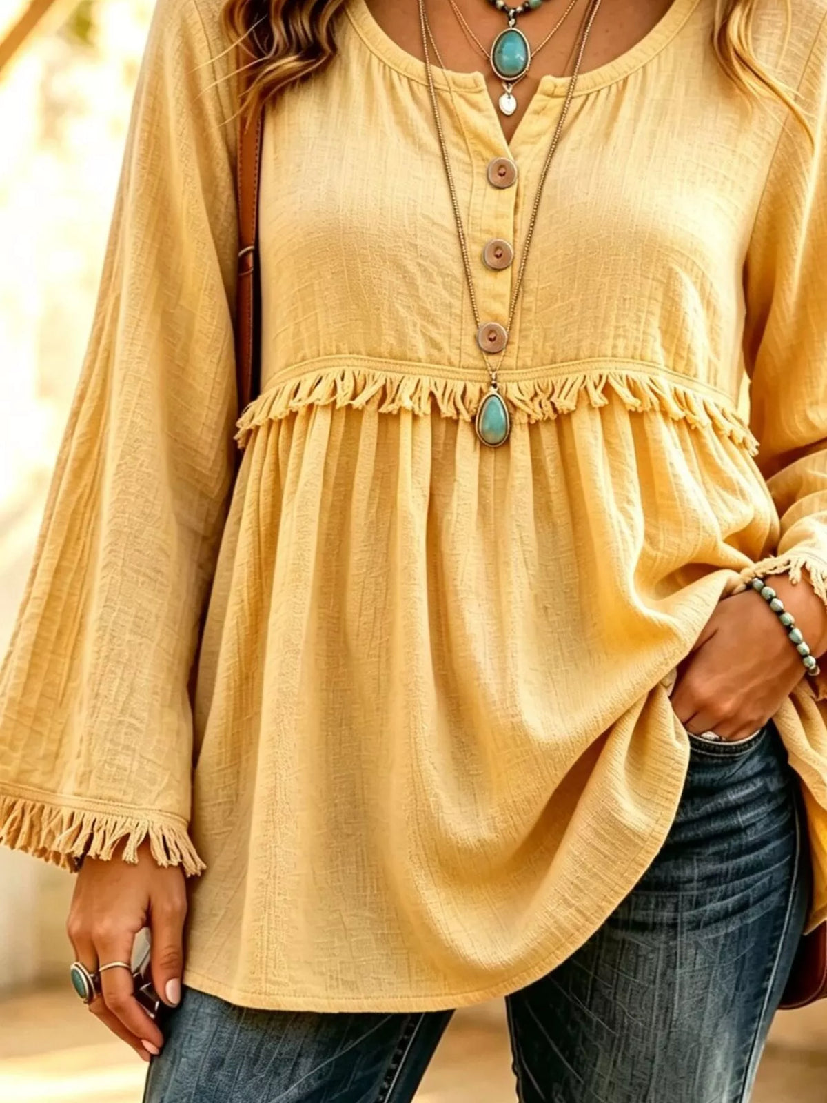 Button-down Detail Fringed Hem Blouse (5)