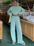 Waffle-knit Round Neck Top Pants Set (17)