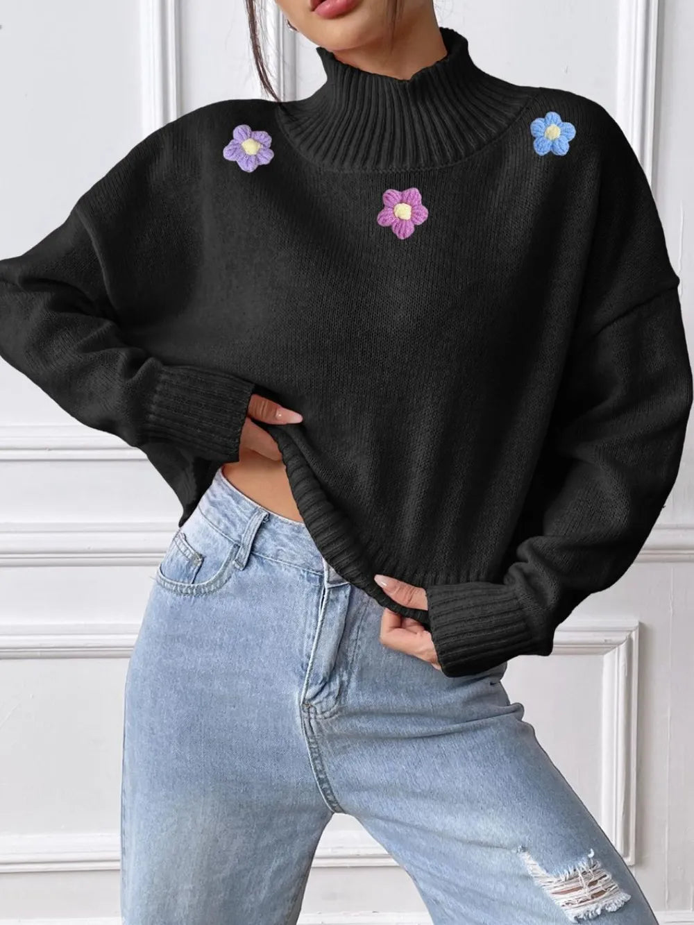 Flower Turtleneck Long Sleeve Sweater (10)