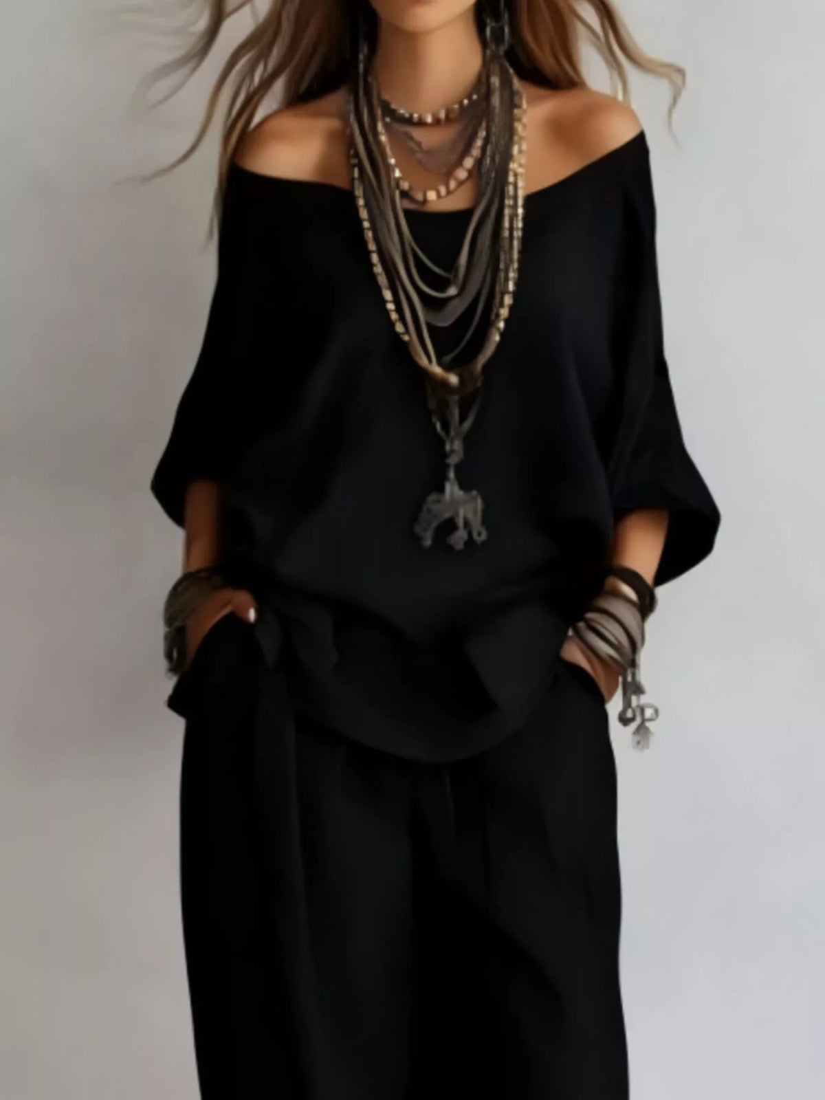 Off-shoulder Loose Fit Top Pants Two-piece Set (12)