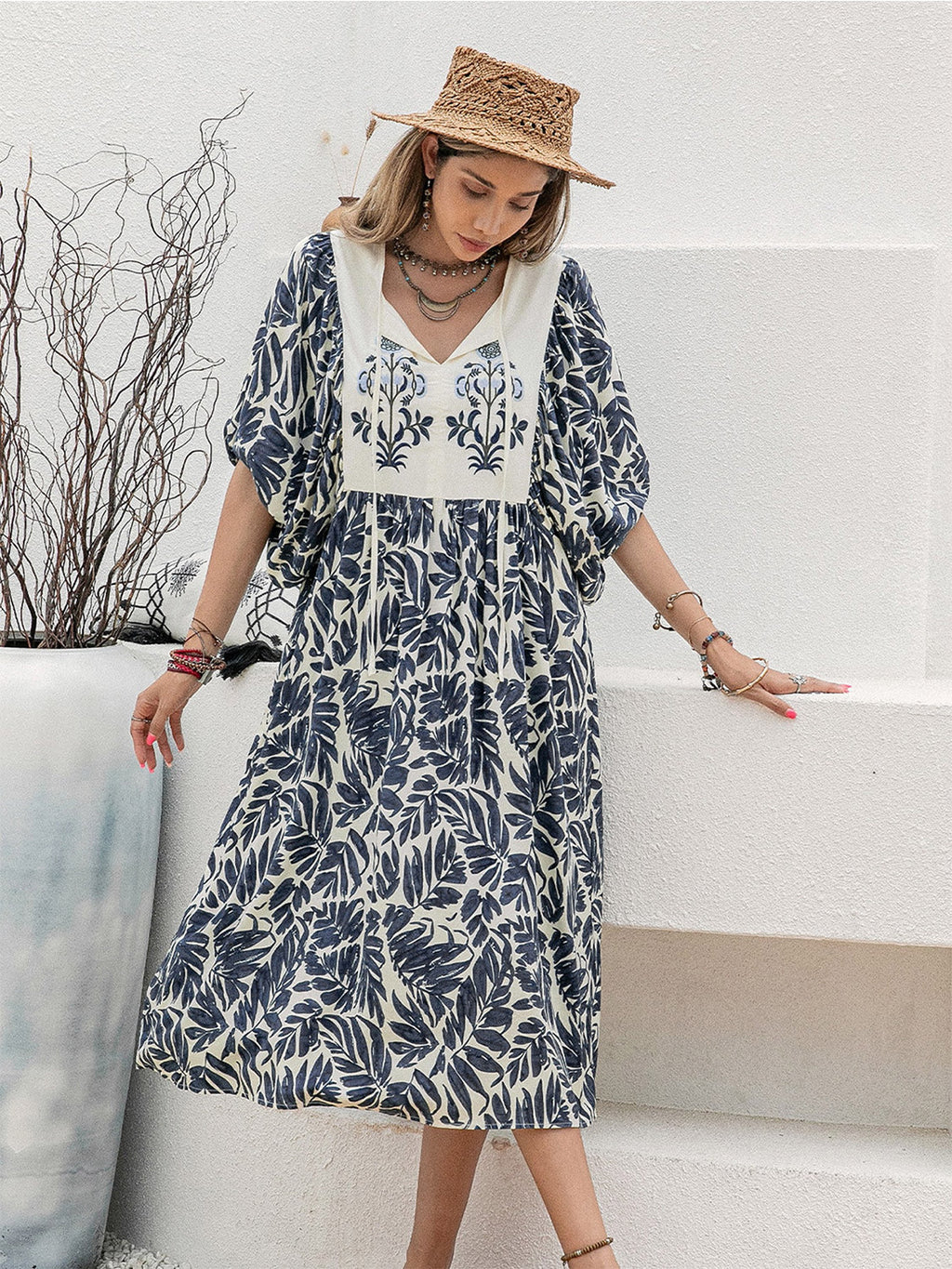 Printed Tie Neck Midi Dress (4)
