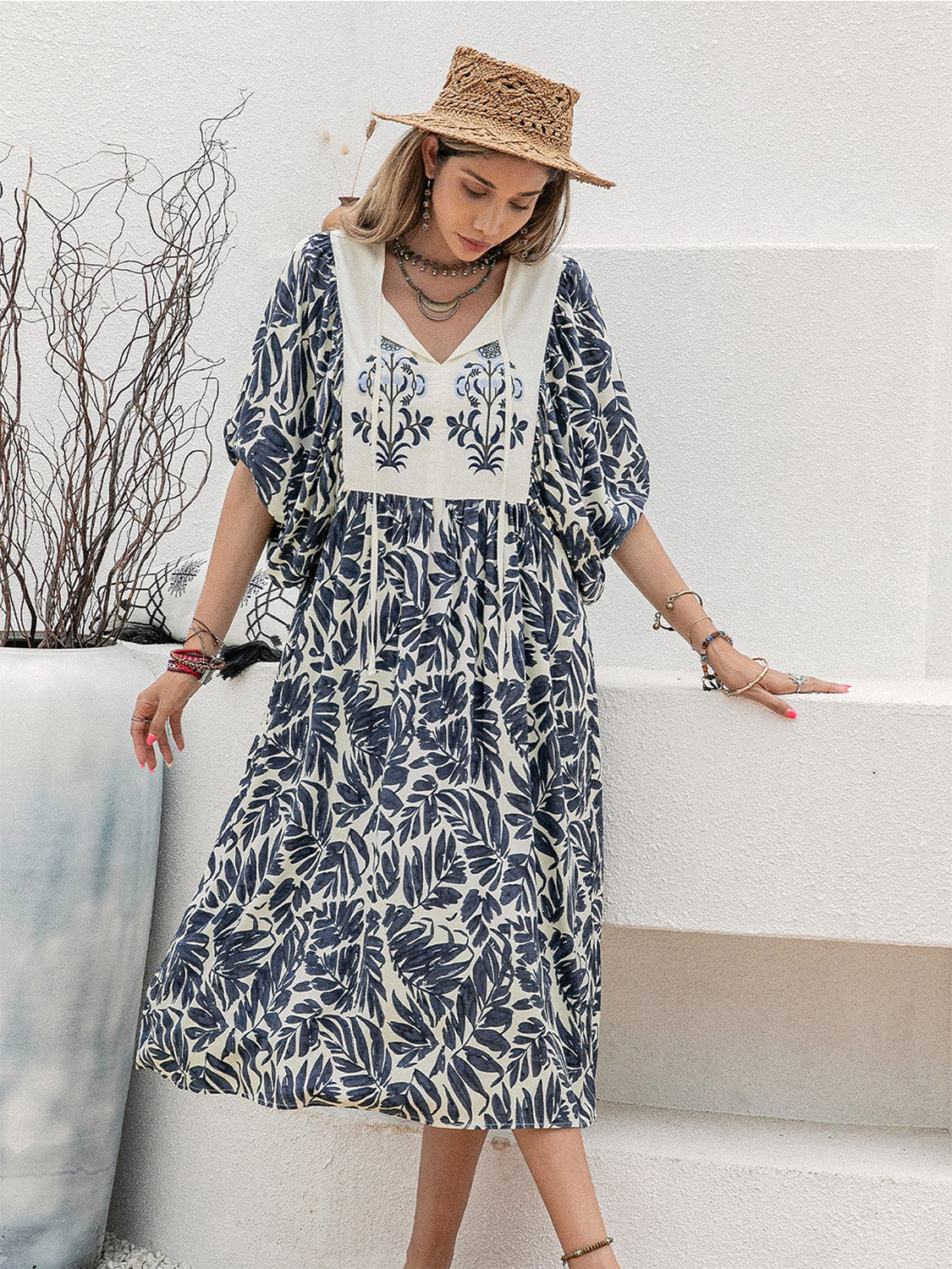 Printed Tie Neck Midi Dress (4)
