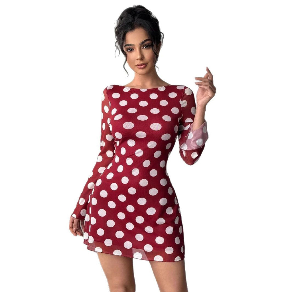 Polka Dot Backless Mesh Flare Sleeve Mini Dress photo 3