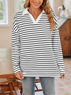 Striped Johnny Collar Long Sleeve T-shirt (12)