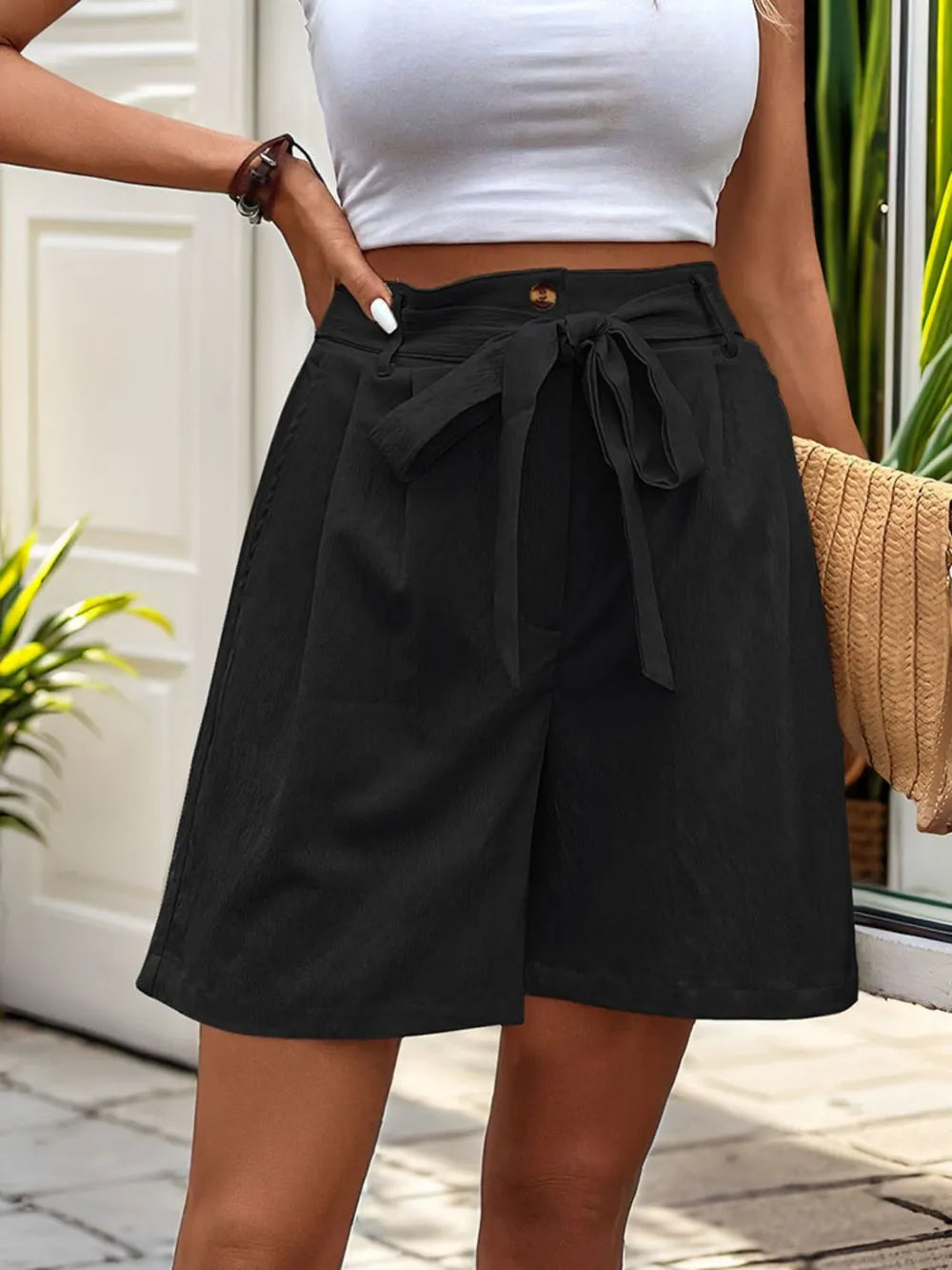 Tied High Waist Shorts Pockets (6)