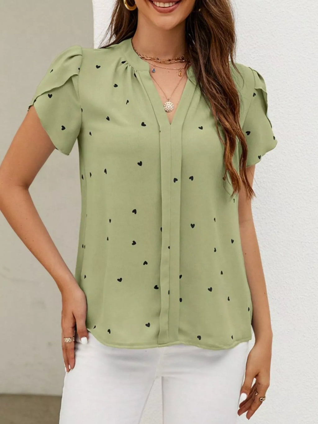 Heart Print Petal Sleeve Blouse (25)