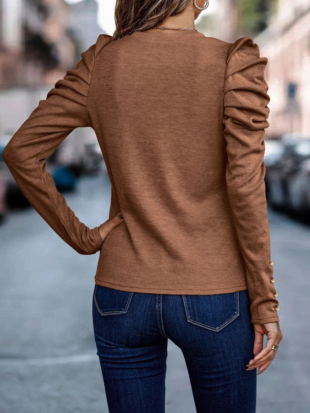 Decorative Button Puff Sleeve T-shirt (8)