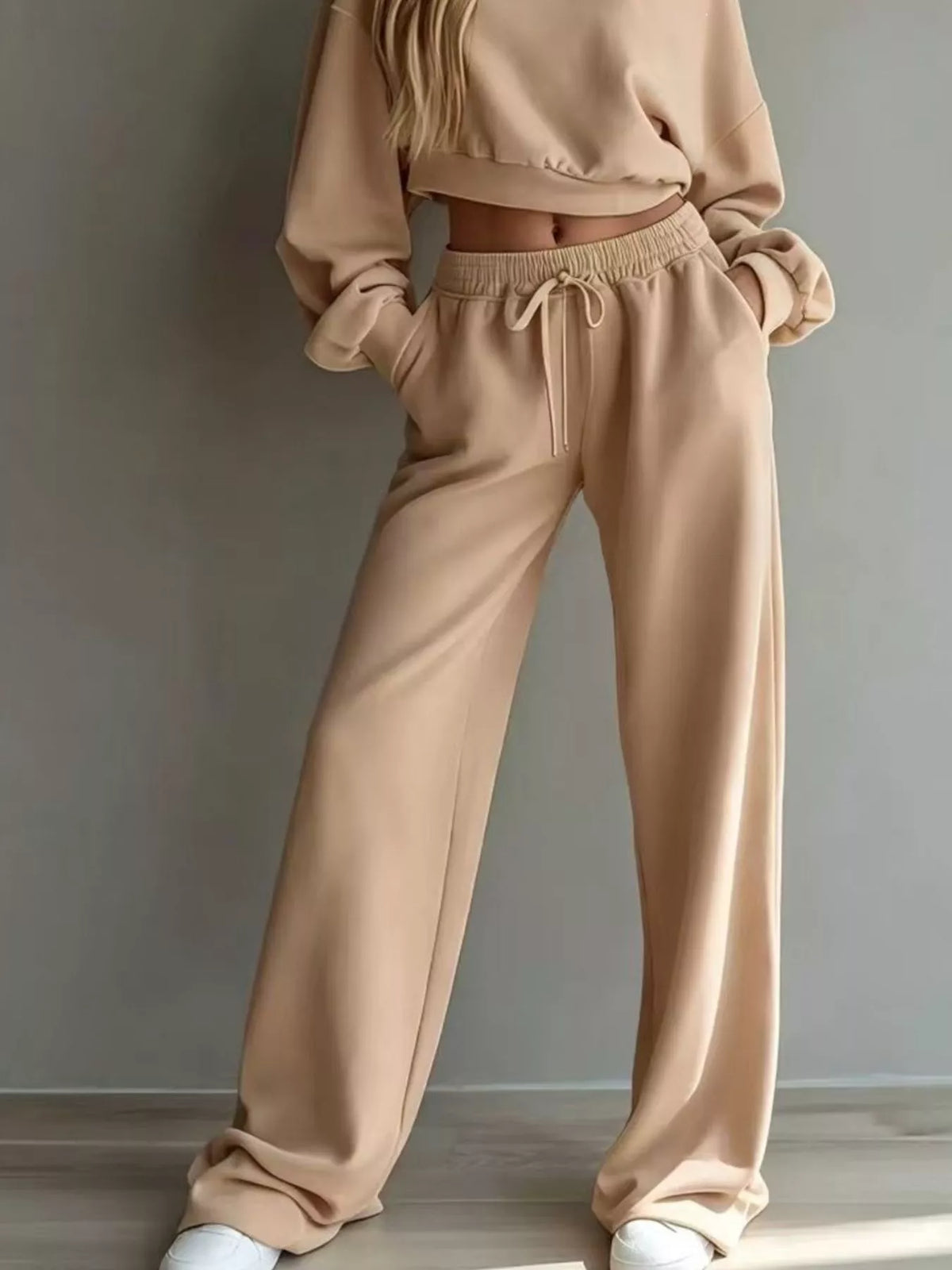 Round Neck Cropped Sweatshirt Wide-leg Pants Set (14)