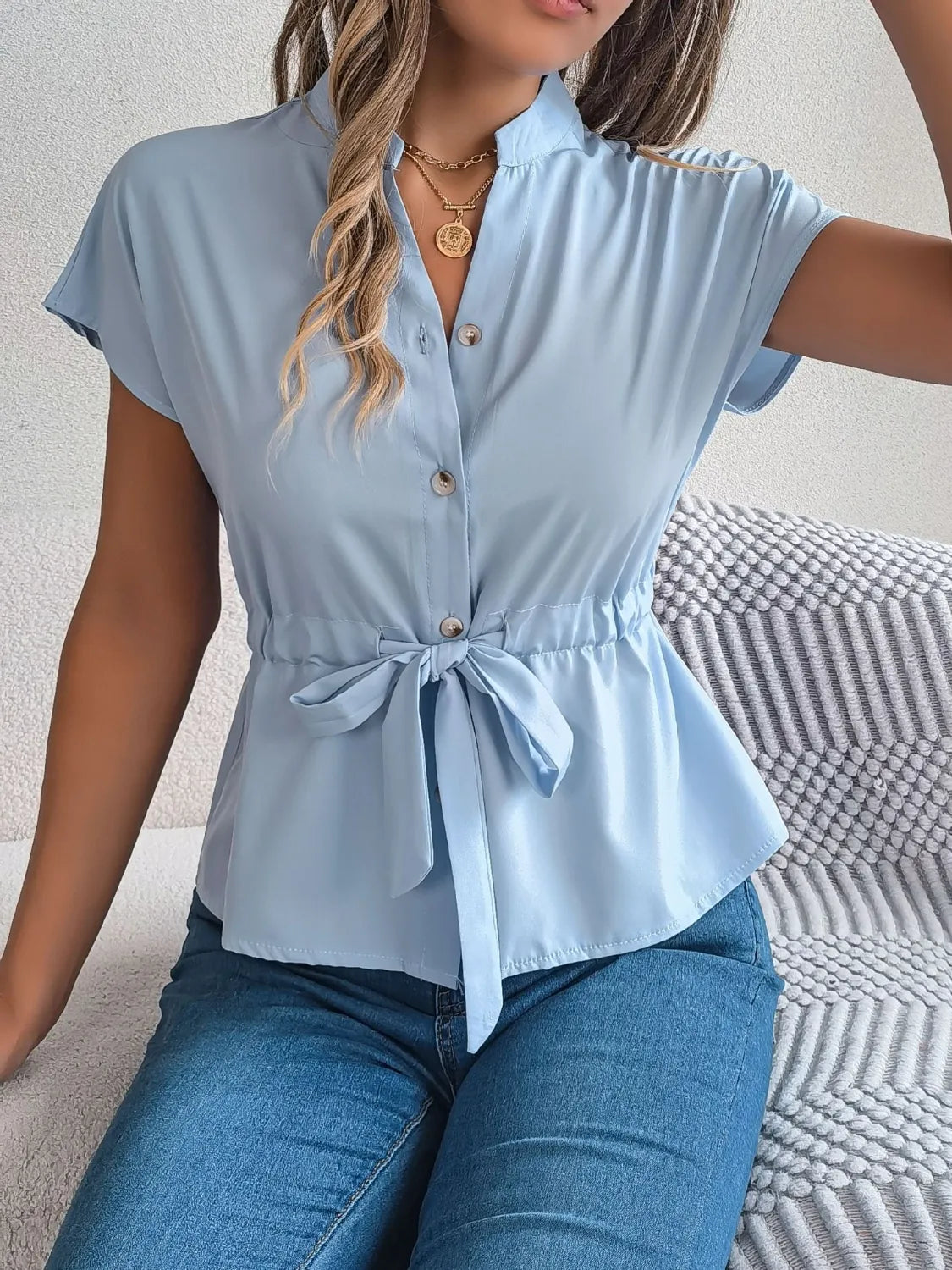 Notched Short Sleeve Blouse (6)