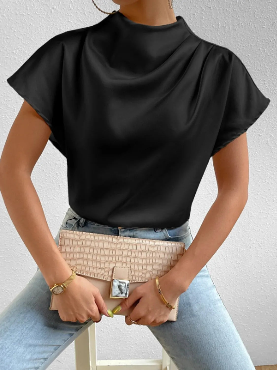 Mock Neck Short Sleeve Blouse (17)
