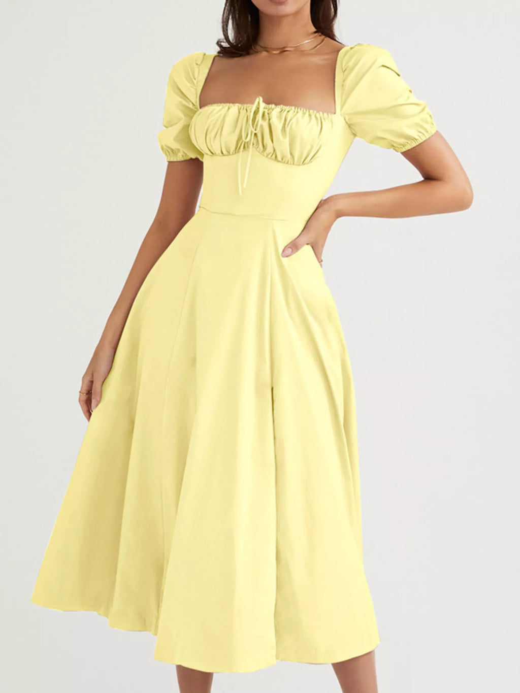 Puff Sleeve Tie Front Slit Midi Dress (3)