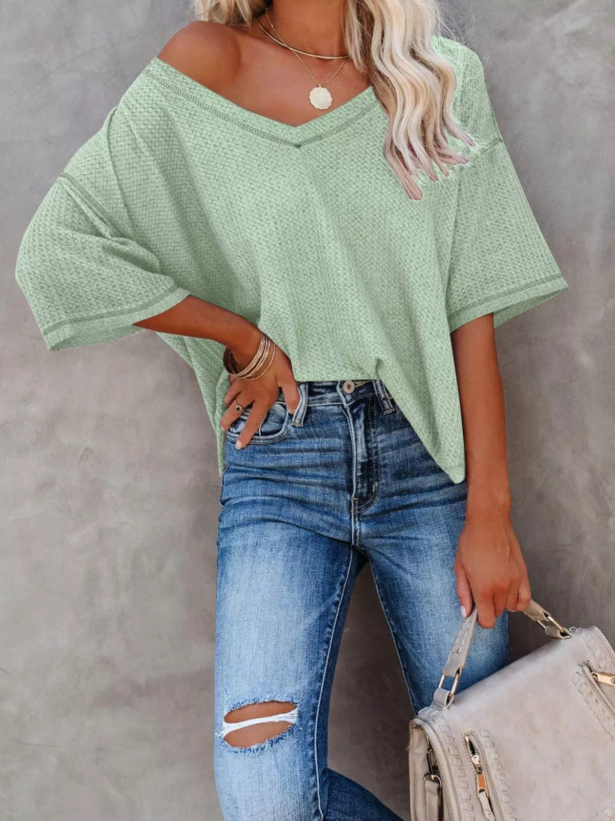 Waffle Knit V-neck Short Sleeve T-shirt (30)
