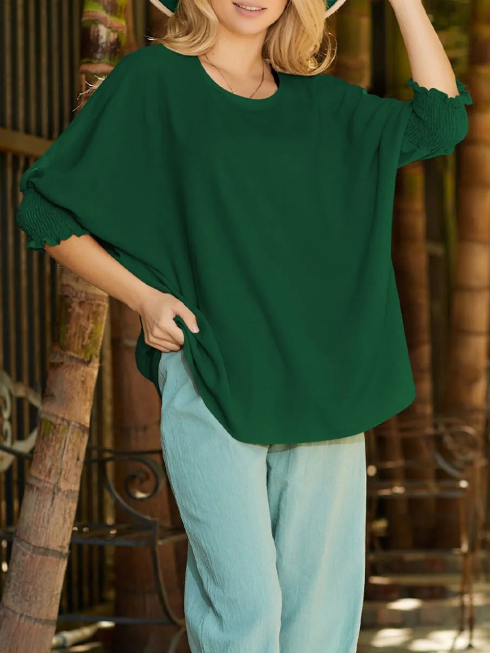 Round Neck Three-quarter Sleeve Blouse (10)