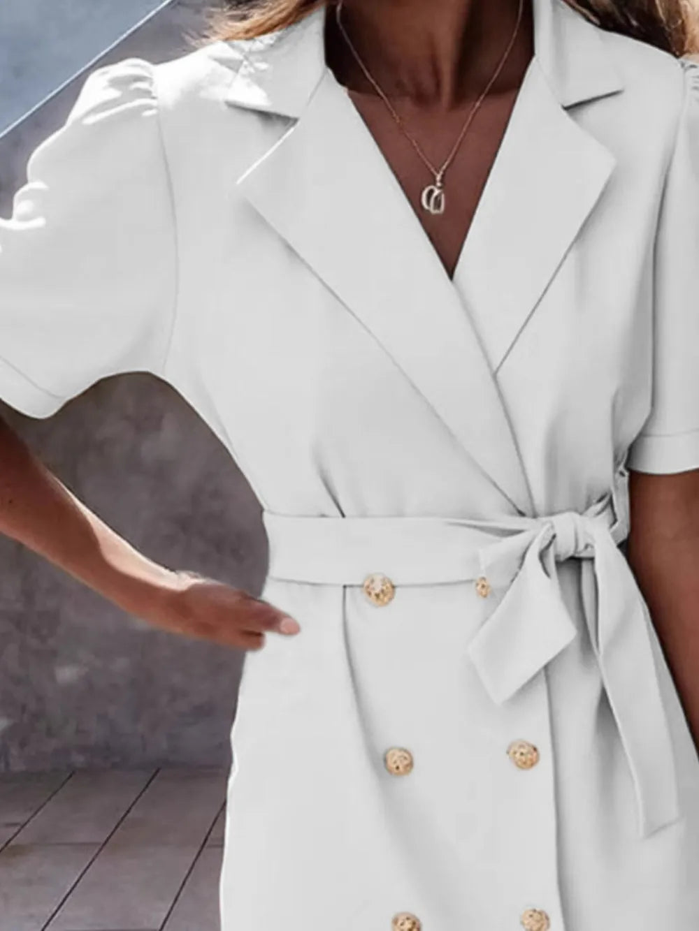 Lapel Collar Short Sleeve Tie Waist Mini Dress (6)
