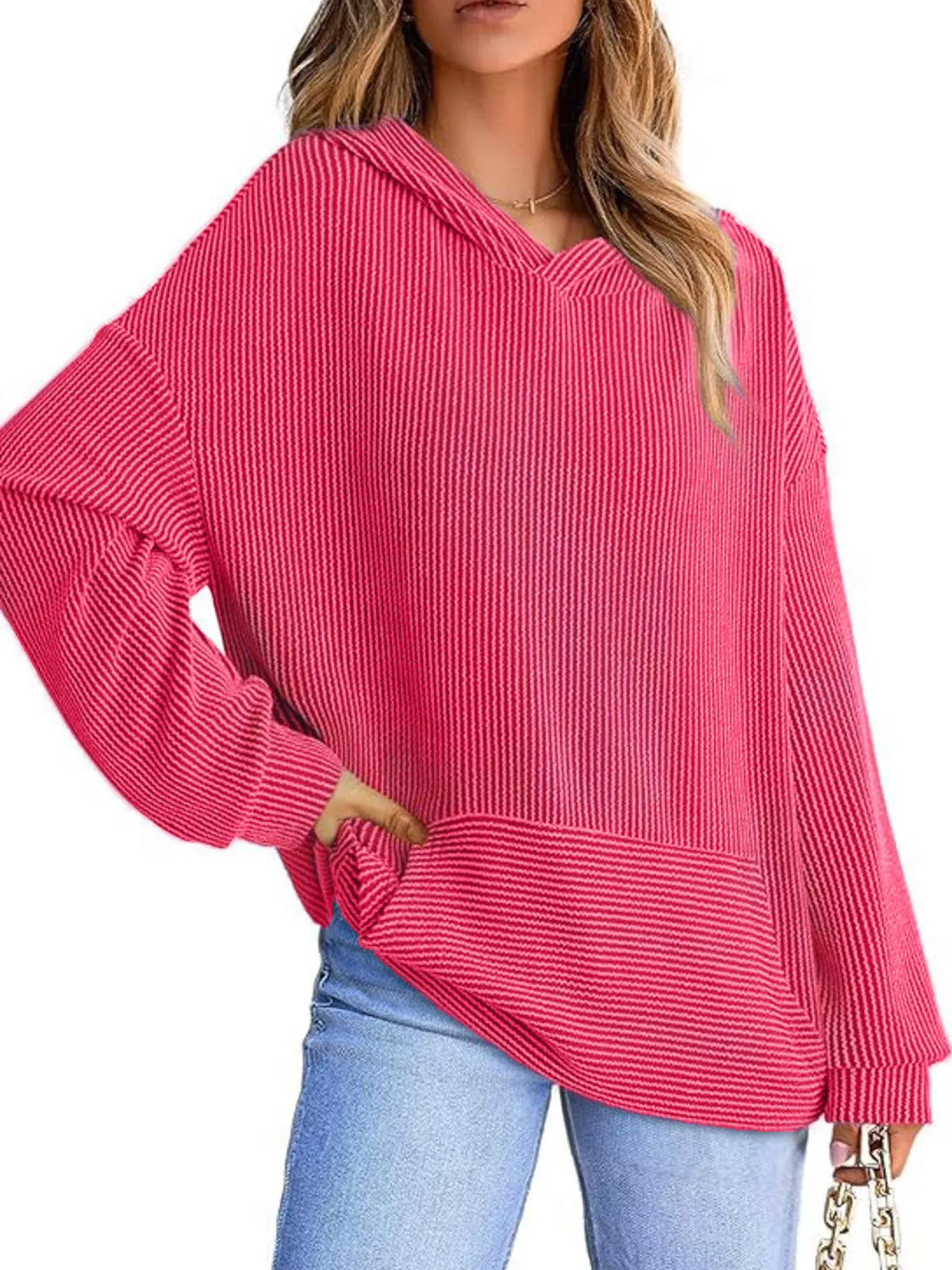 Ribbed Oversized Hoodie Sweatshirt Pocket