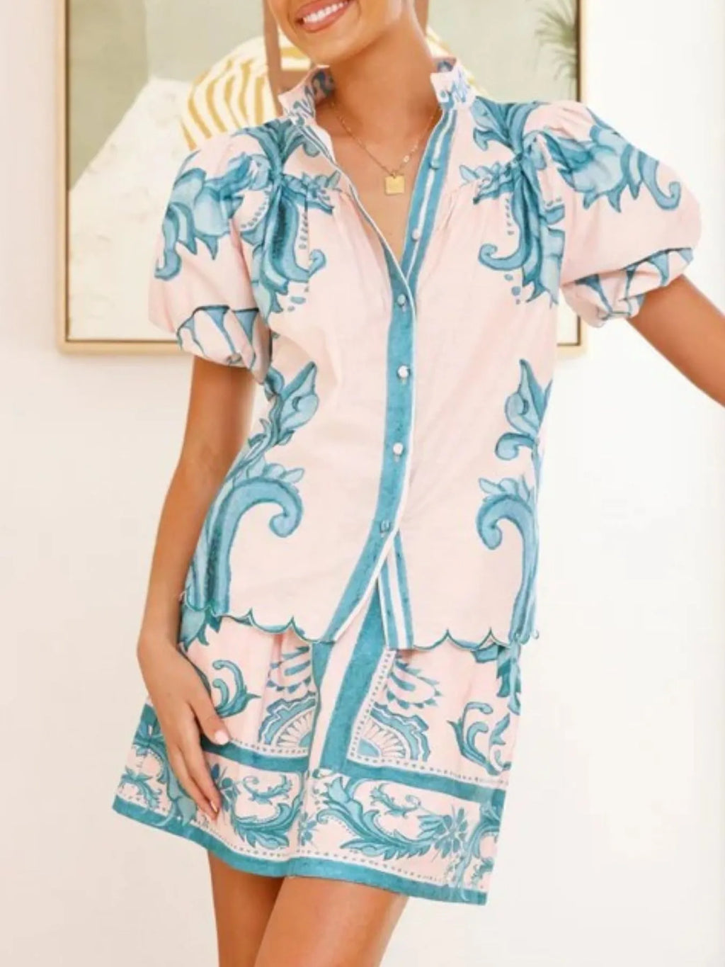 Printed Puff Sleeve Top Skirt Set (7)