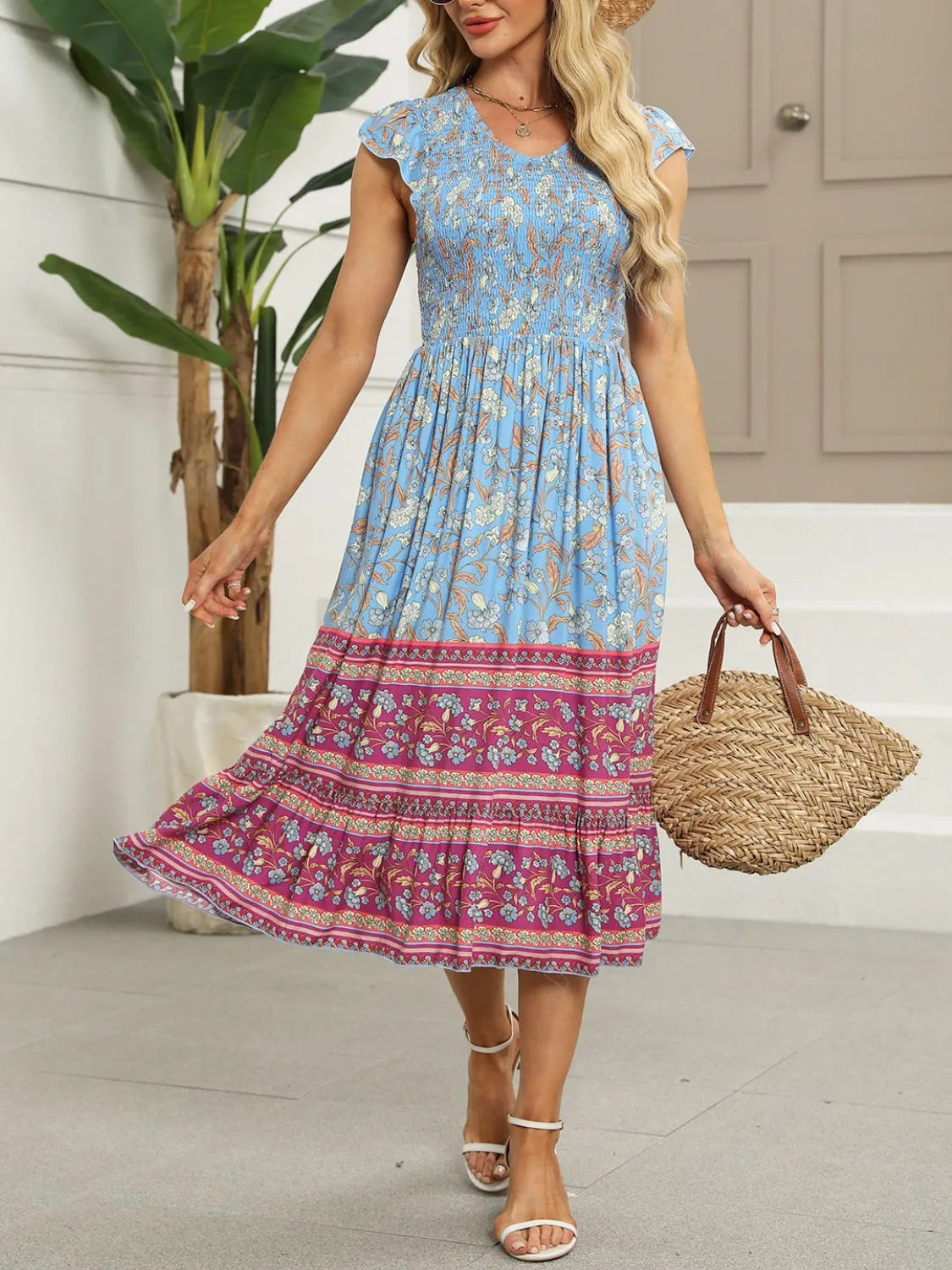 Printed Round Neck Cap Sleeve Dress (4)