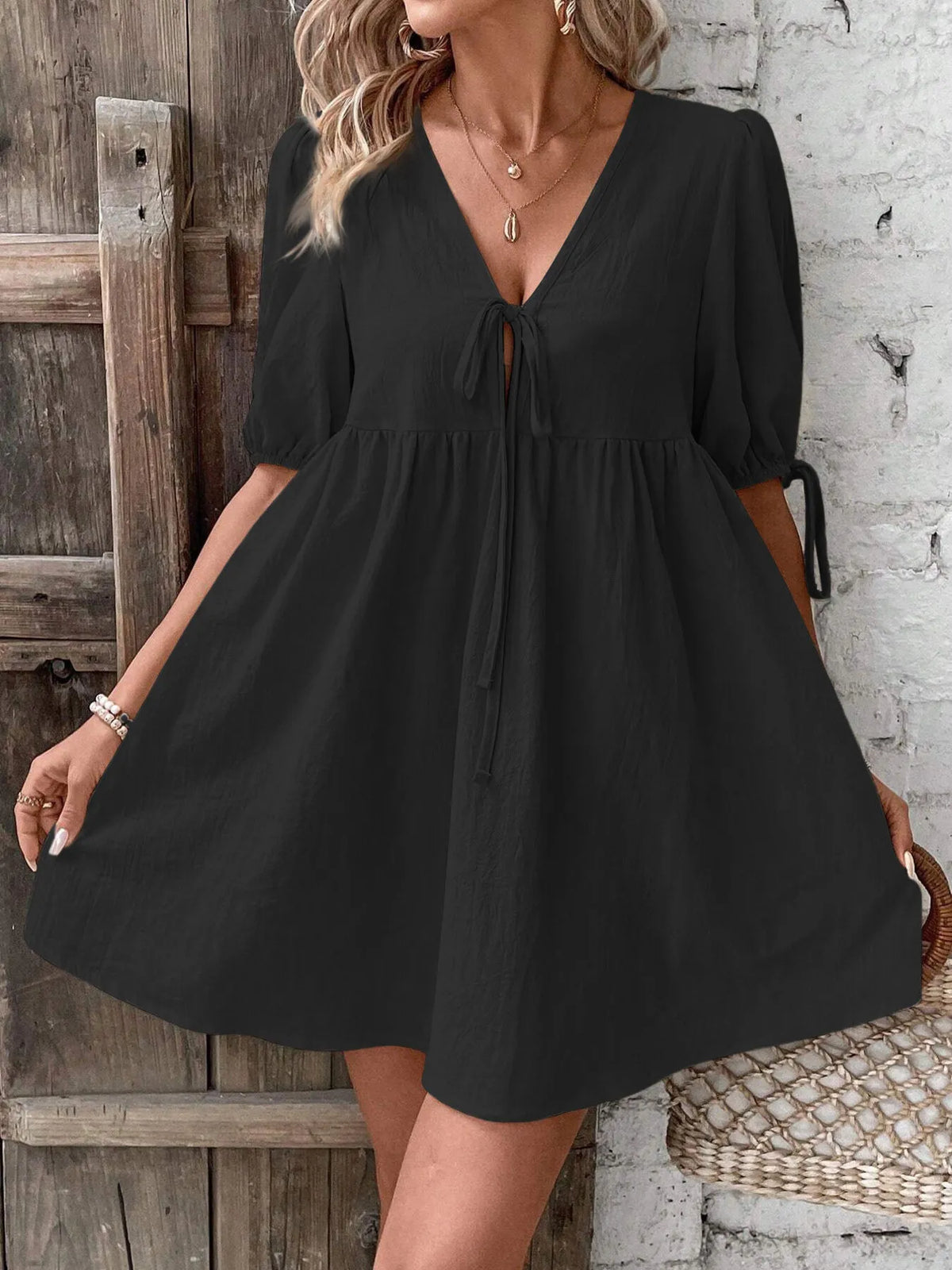 V-neck Tie-front Mini Dress Puff Sleeves (24)