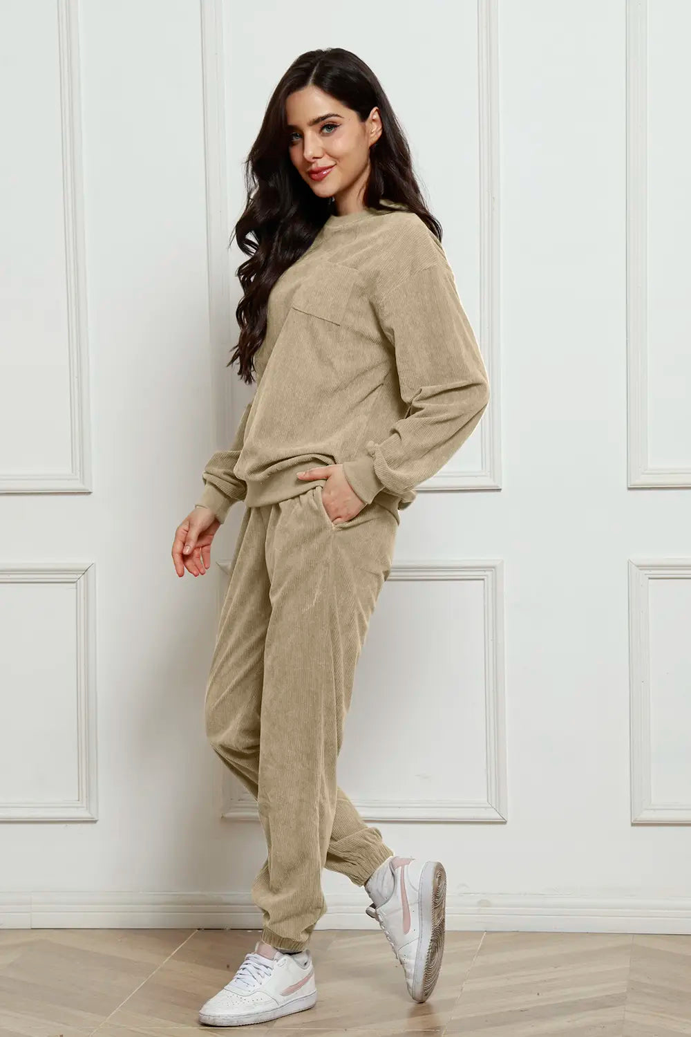 Corduroy Round Neck Sweatshirt Sweatpants Set (14)
