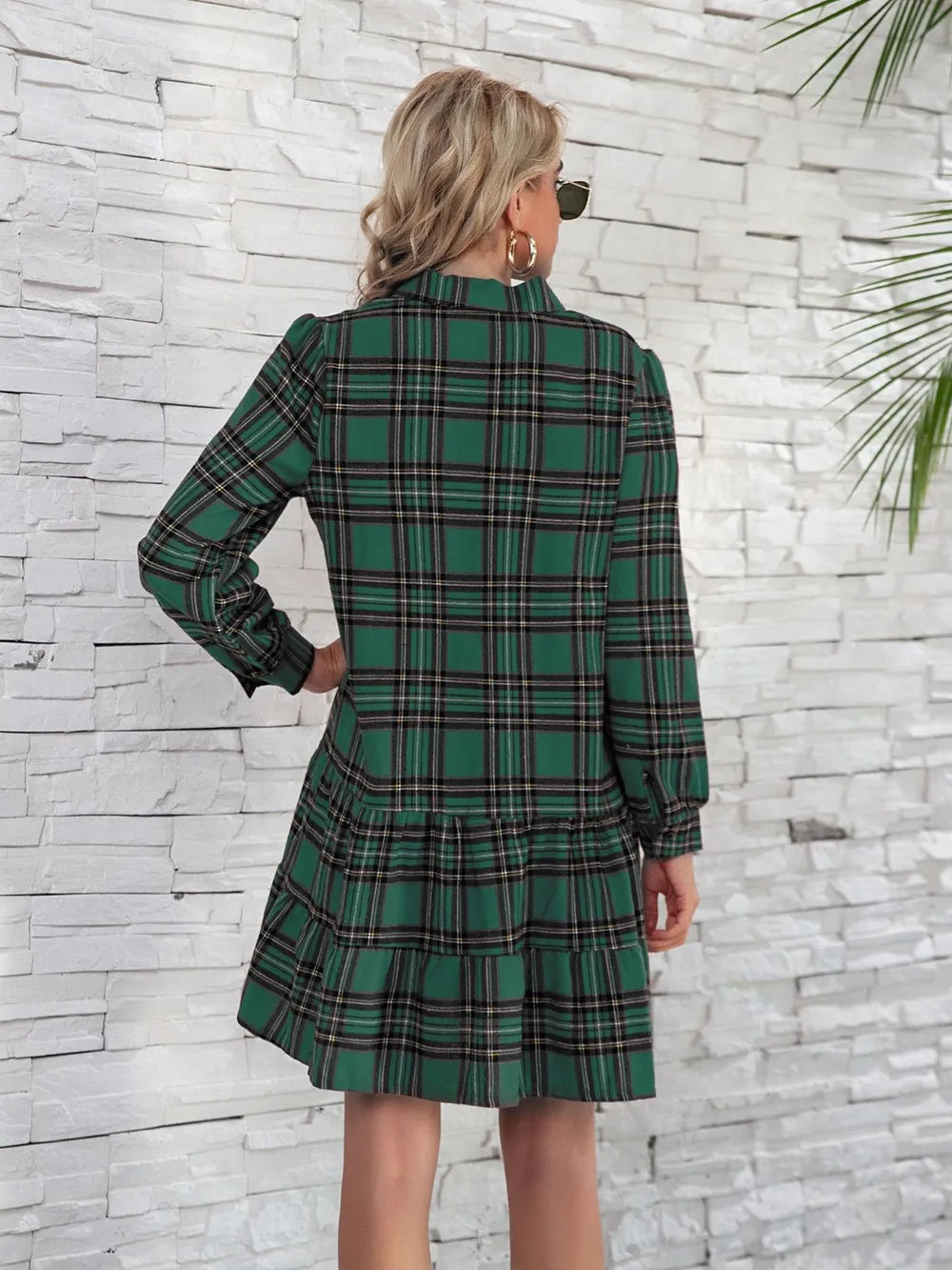 Ruffle Hem Plaid Button Down Long Sleeve Dress (16)