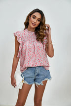 Ruffled Ditsy Floral Mock Neck Cap Sleeve Blouse (11)