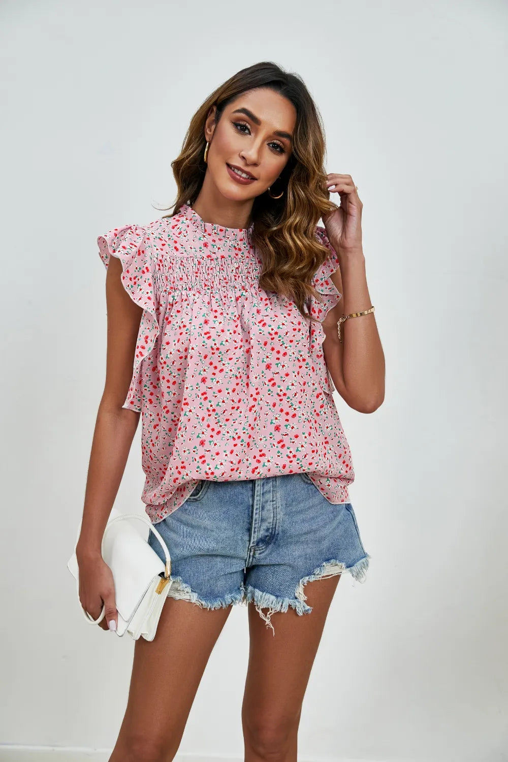 Ruffled Ditsy Floral Mock Neck Cap Sleeve Blouse (11)