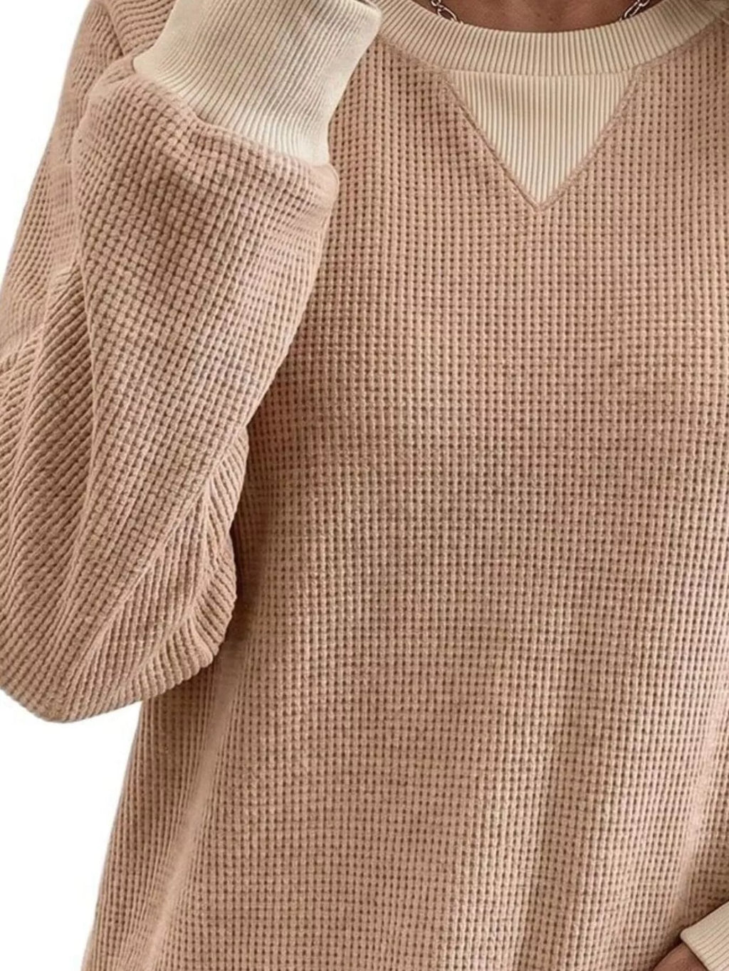 Waffle Knit Crew Neck Long Sleeve Sweatshirt (12)
