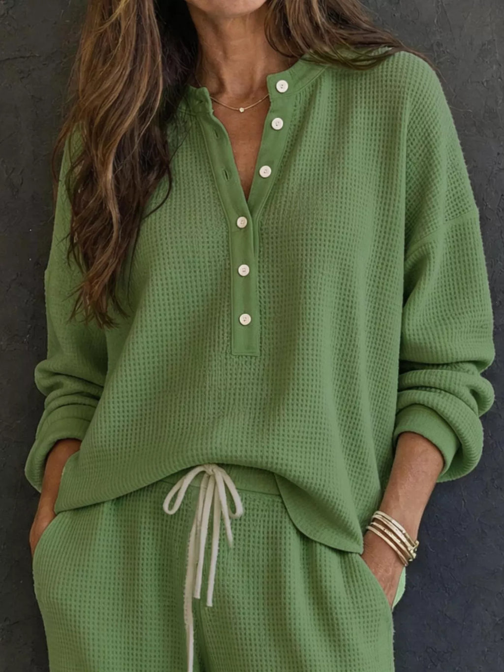 Waffle Knit Henley Top Wide Leg Pants Set (14)