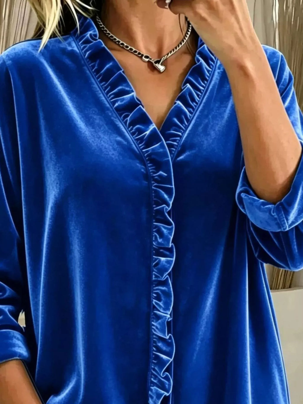 Velvet Frill V-neck Blouse (2)