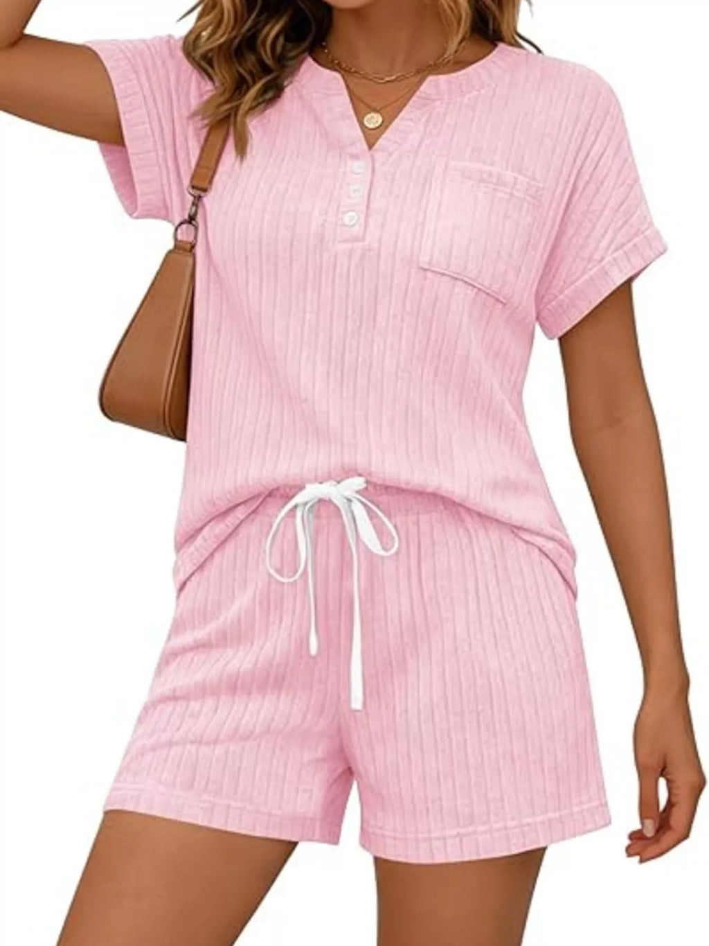Casual Ribbed Knit Tee Shorts Set (26)