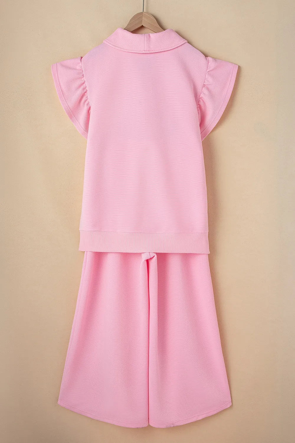 Textured Ruffled Sleeve Zipped Top Wide Leg Pants Set (17)