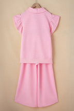 Textured Ruffled Sleeve Zipped Top Wide Leg Pants Set (17)