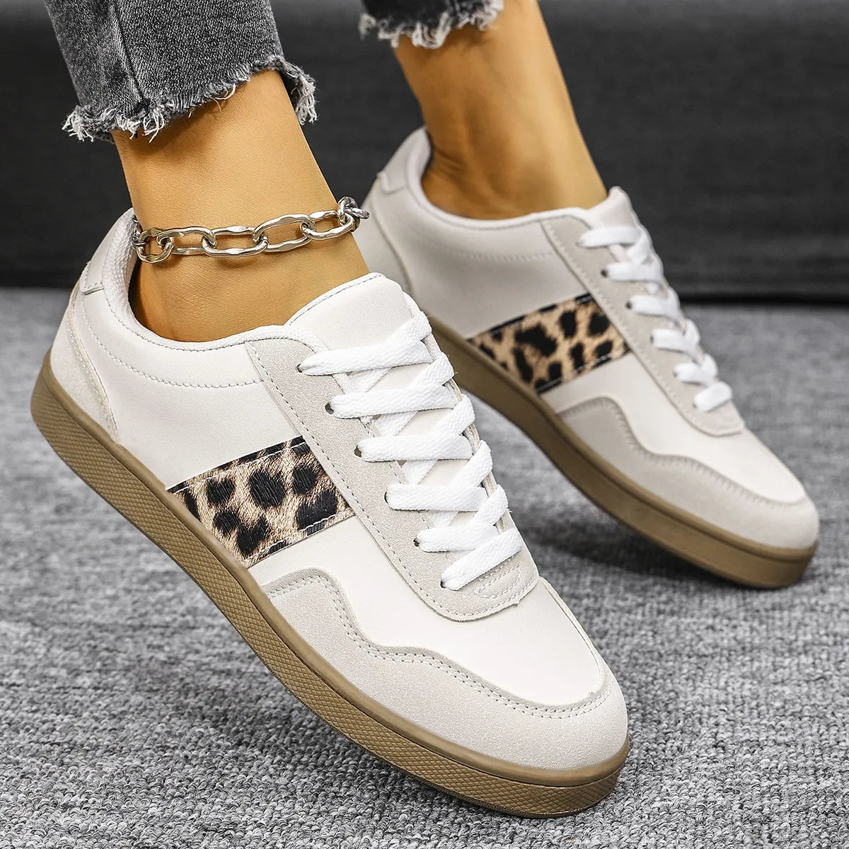 Leopard Lace Up Round Toe Sneakers (3)