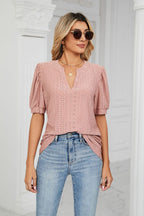 Eyelet Short Puff Sleeve Notched Neck Top (2)
