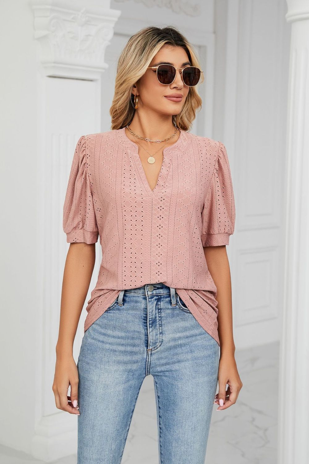 Eyelet Short Puff Sleeve Notched Neck Top (2)
