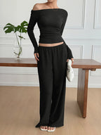 One Shoulder Long Sleeve Top Pants Set (6)