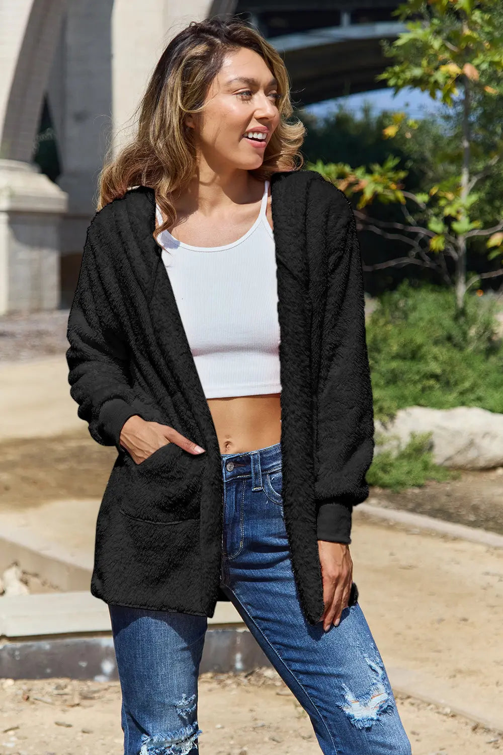 Full Size Teddy Hooded Jacket Pockets (2)