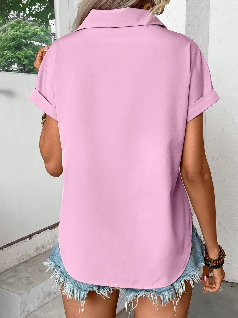 Pleated Detail Collared Neck Short Sleeve Shirt (20)