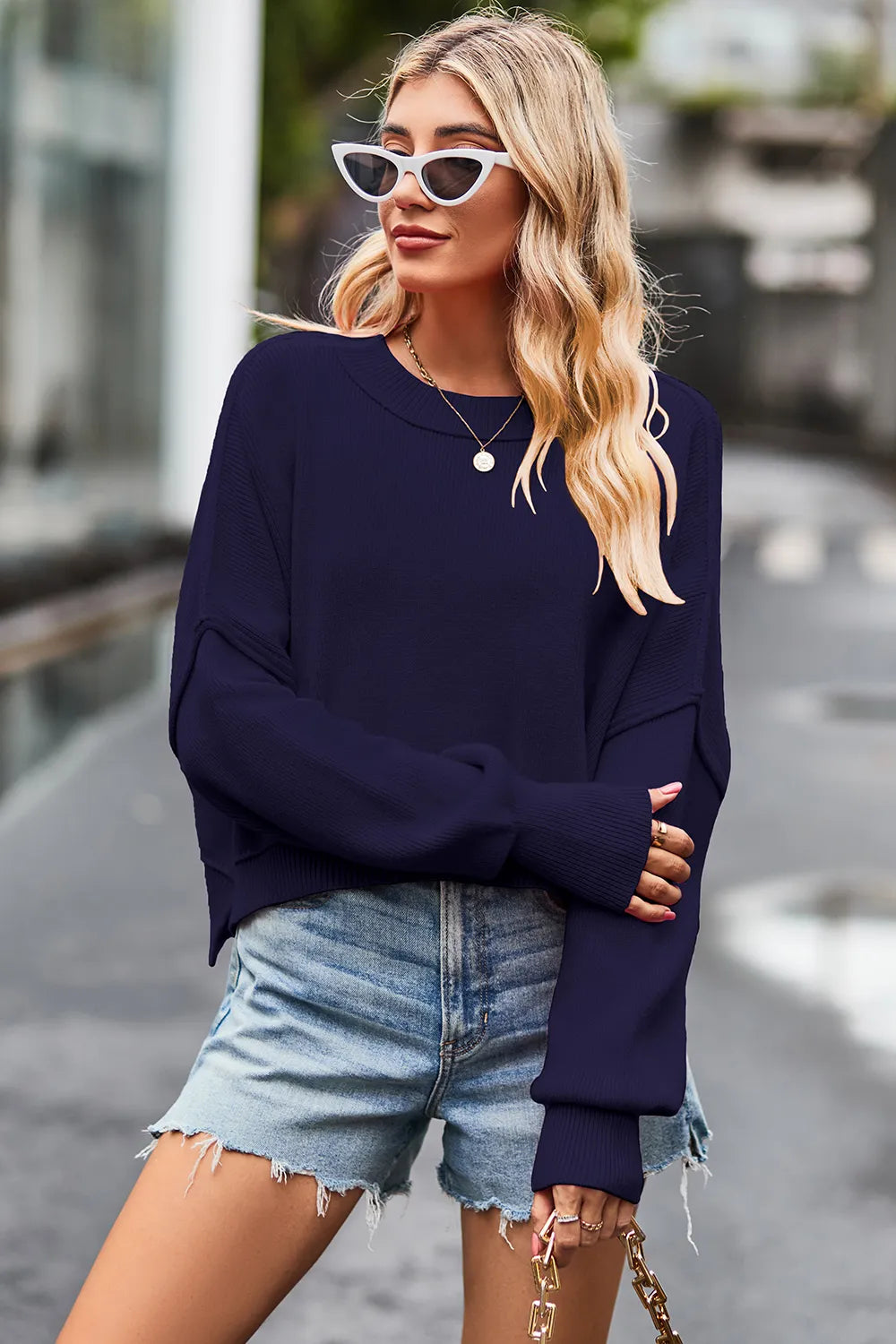 Round Neck Drop Shoulder Long Sleeve Sweater (7)