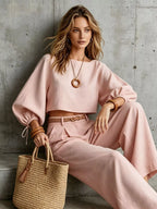 Balloon Sleeve Crop Top Wide-leg Pants Set (11)