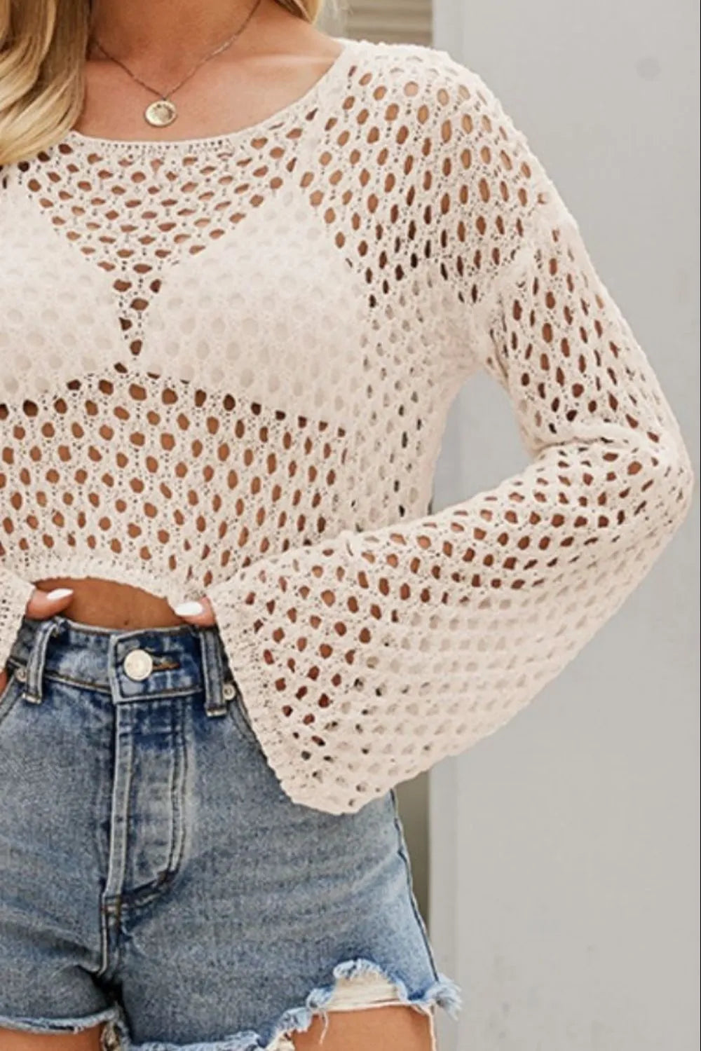 Openwork Round Neck Dropped Shoulder Knit Top (12)