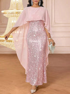 Sequin Cape Overlay Evening Dress