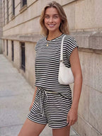 Striped Round Neck Tee Shorts Set (2)