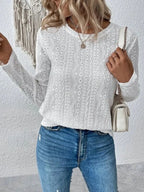 Eyelet Round Neck Long Sleeve Blouse (3)